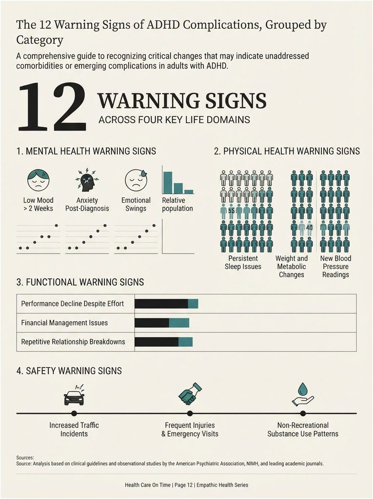 Infographic showing 12 warning signs of ADHD complications across mental, physical, functional, and safety domains.