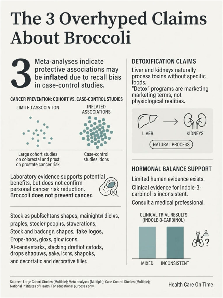 Infographic explaining three overhyped claims about broccoli, including detoxification and cancer prevention.