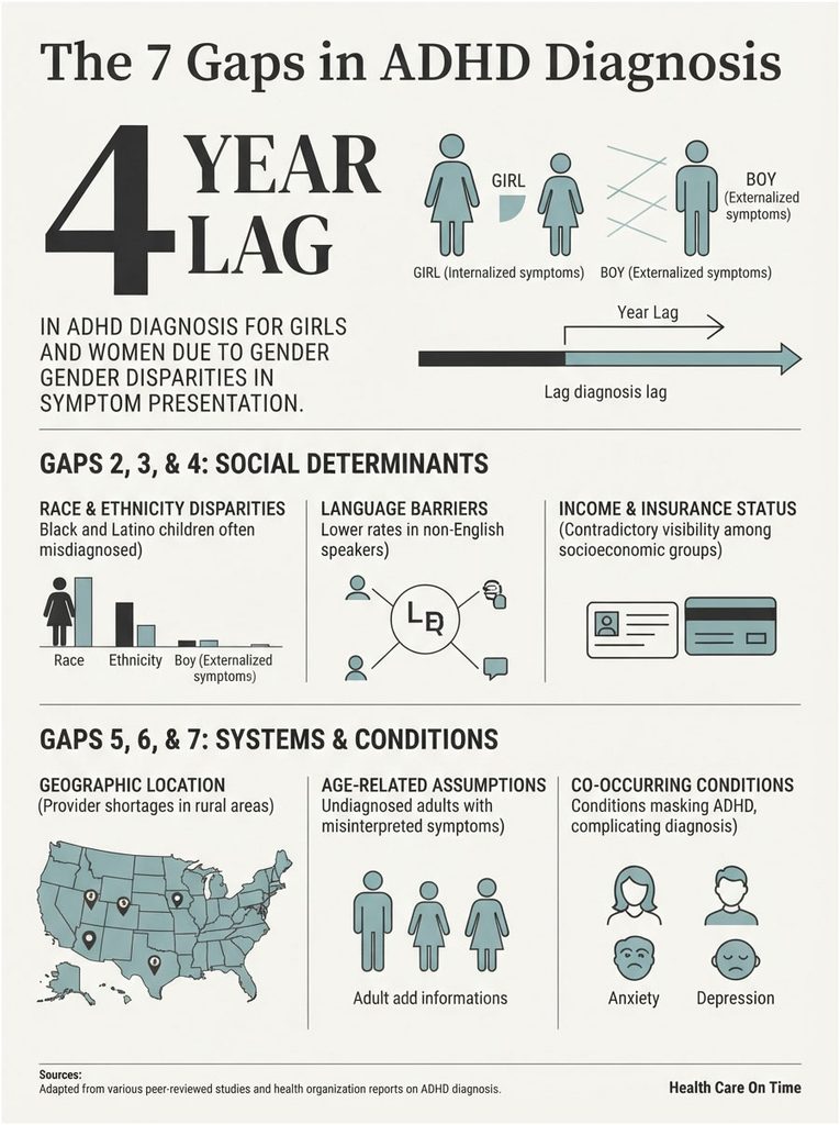 Infographic showing the 7 gaps in ADHD diagnosis, highlighting gender disparities and social determinants of diagnosis lag.