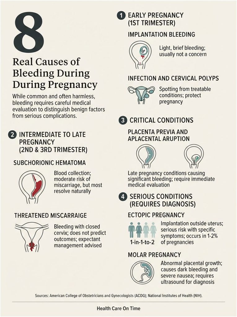 Infographic showing 8 causes of bleeding during pregnancy with illustrations and brief descriptions for each cause.