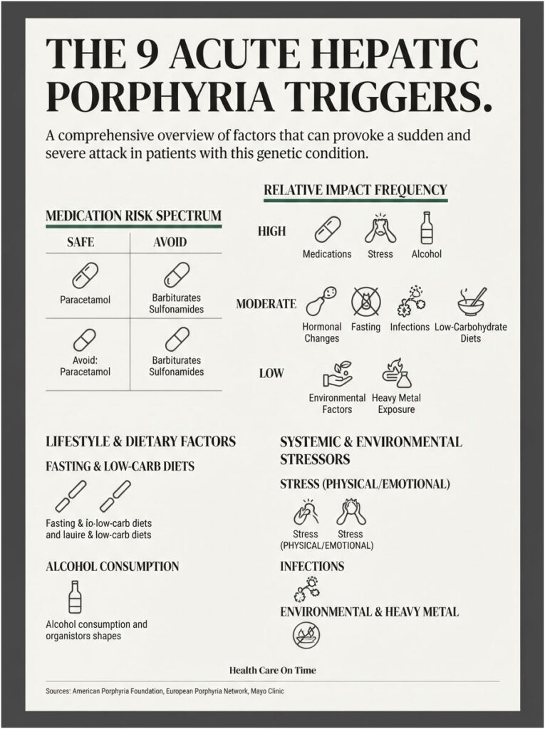 Infographic detailing 9 acute hepatic porphyria triggers, including medication risks and lifestyle factors.
