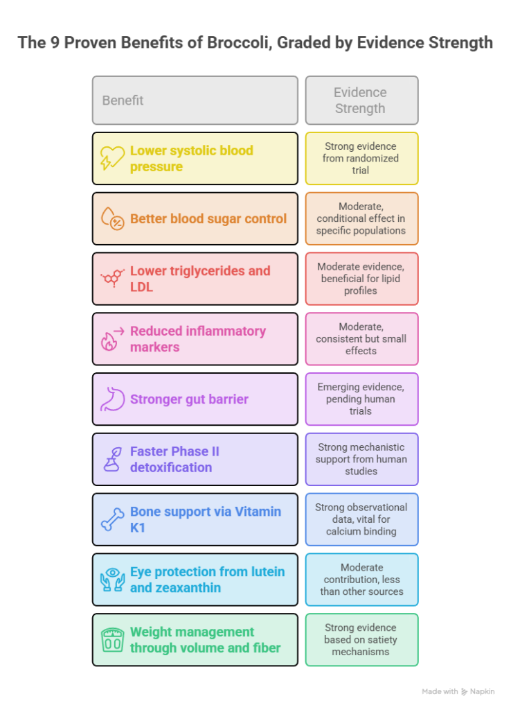Infographic showing 9 benefits of broccoli with evidence strength ratings for each benefit.