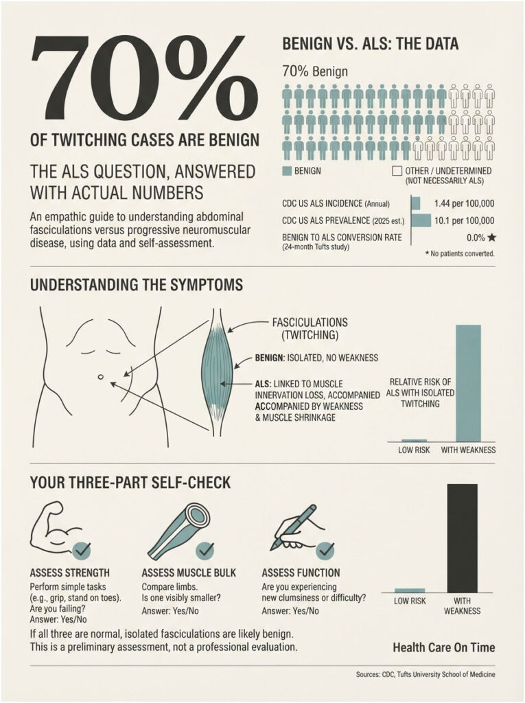 Infographic showing that 70% of twitching cases are benign, with data on ALS incidence and self-check guidelines.