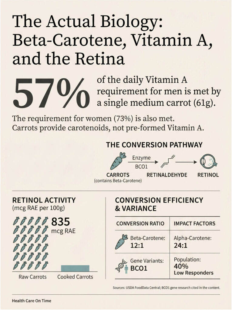 Infographic showing Vitamin A requirements, conversion pathway from carrots, and retinol activity statistics.