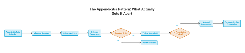 Flowchart illustrating the appendicitis pattern with key indicators and decision points, including symptom order and presentation types. Infographic