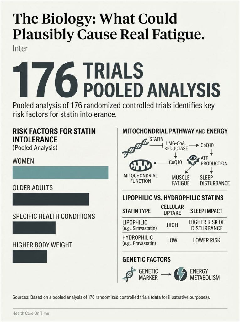 Infographic showing pooled analysis of 176 trials on statin intolerance risk factors, including women and older adults.