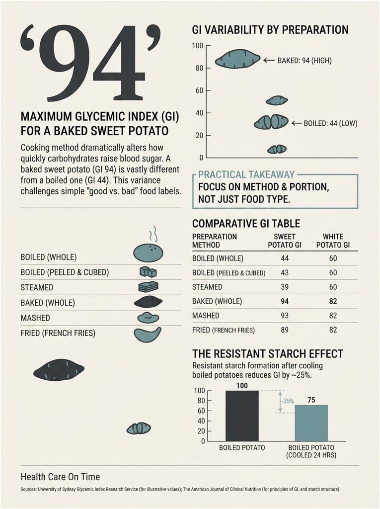 Infographic showing glycemic index of sweet potatoes by preparation method, highlighting baked vs. boiled.