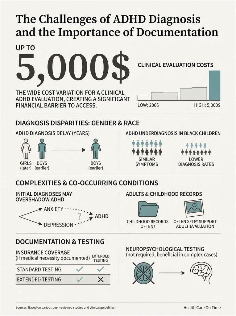 Infographic showing ADHD diagnosis challenges, costs, disparities, and testing requirements with icons and graphs.