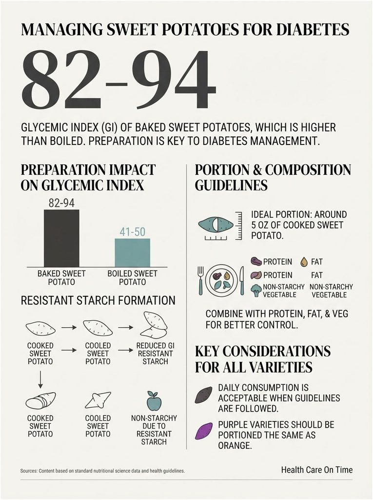 Infographic on managing sweet potatoes for diabetes, showing glycemic index and preparation impacts.