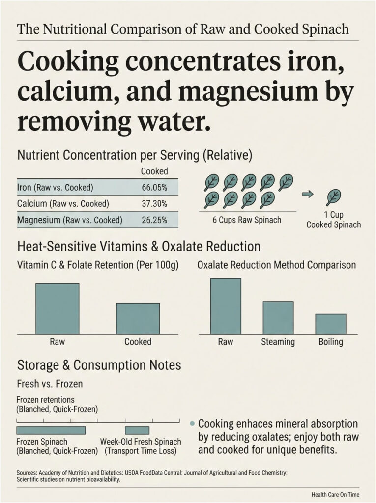 Nutritional comparison of raw and cooked spinach, showing nutrient concentrations and vitamin retention data. Infographic.