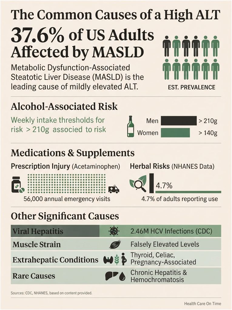 Infographic showing causes of high ALT in US adults, including statistics on MASLD, alcohol risk, and medications.