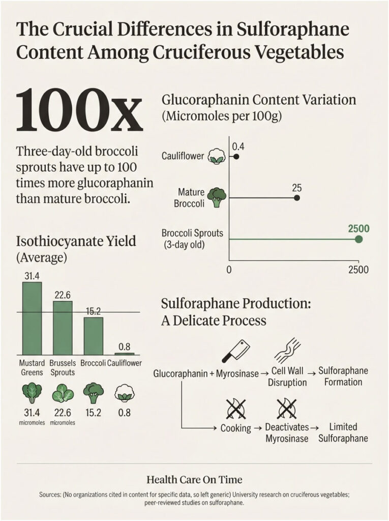 Infographic showing glucoraphanin content in cruciferous vegetables, highlighting broccoli sprouts' high levels.