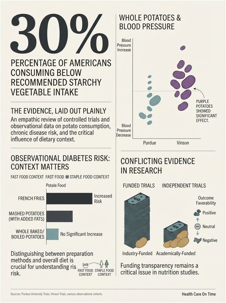 Infographic showing 30% of Americans consume below recommended starchy vegetable intake, with data on potatoes and health effects.
