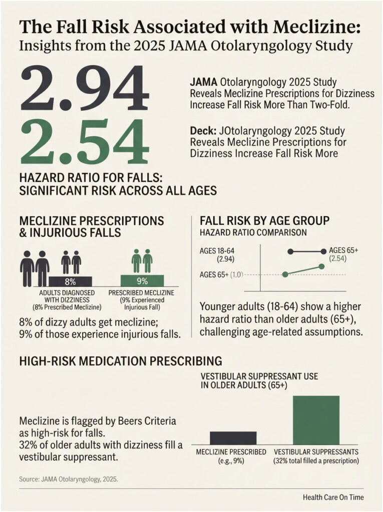 Infographic showing fall risk associated with Meclizine, including statistics and age group comparisons.