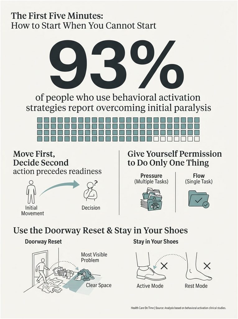 Infographic showing 93% of people using behavioral activation strategies to overcome paralysis with actionable steps.