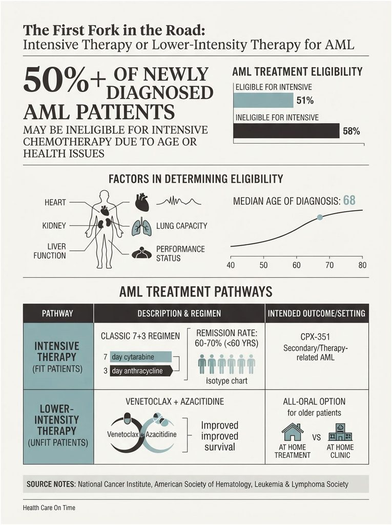 Infographic showing AML treatment pathways, eligibility statistics, and factors determining treatment options.