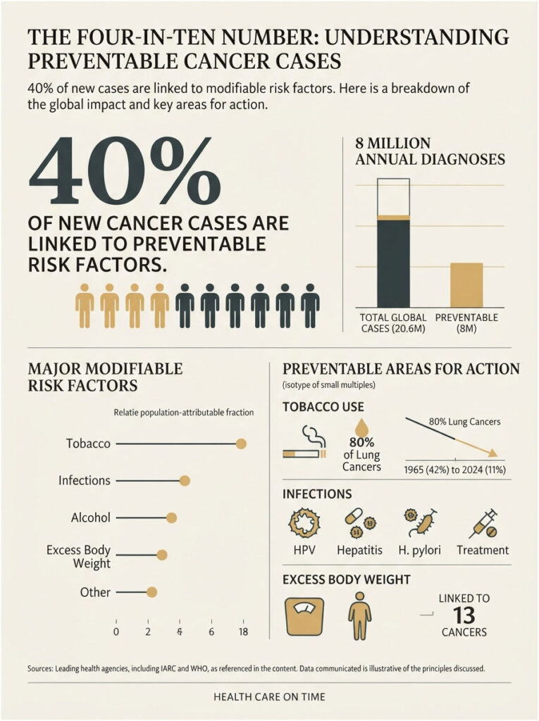 Infographic showing 40% of new cancer cases linked to preventable risk factors, with charts and statistics on tobacco and infections.