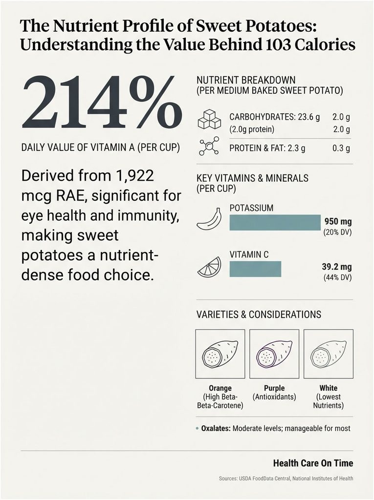 Infographic detailing the nutrient profile of sweet potatoes, including vitamin A, potassium, and varieties.