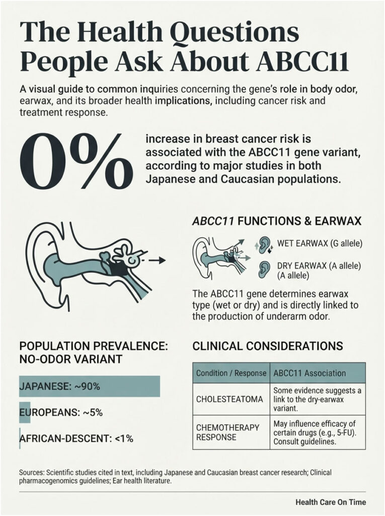 Infographic showing ABCC11 gene's role in earwax type and breast cancer risk, with population statistics and clinical considerations.