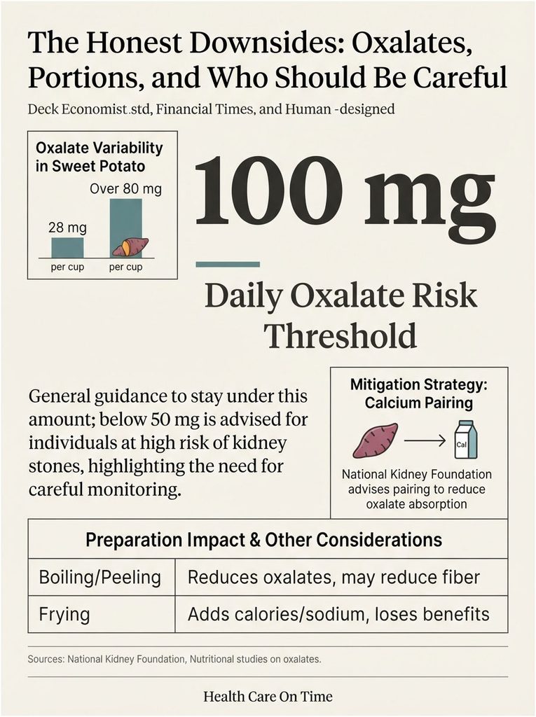 Infographic showing daily oxalate risk threshold of 100 mg, sweet potato oxalate levels, and preparation impacts.