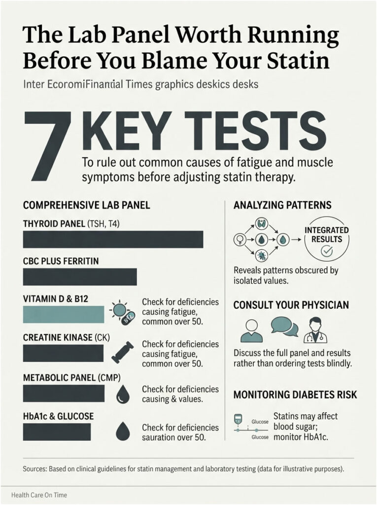 Infographic detailing 7 key tests for fatigue and muscle symptoms before adjusting statin therapy.