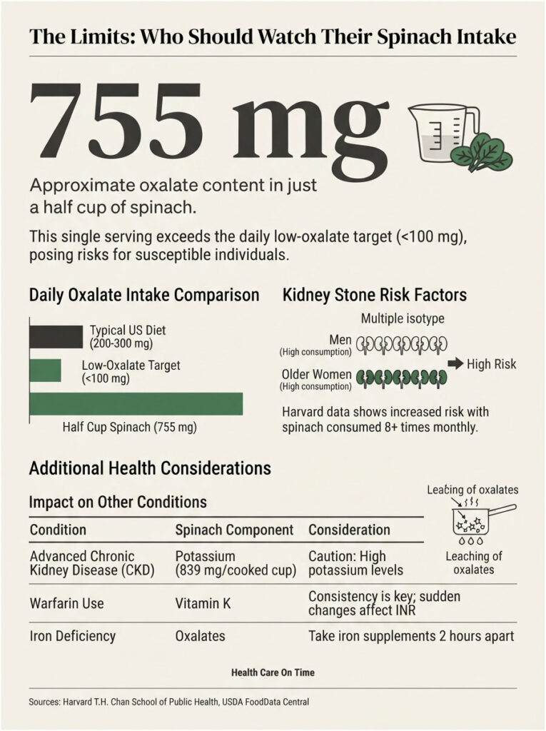 Infographic showing oxalate content in spinach, dietary comparisons, and kidney stone risk factors.
