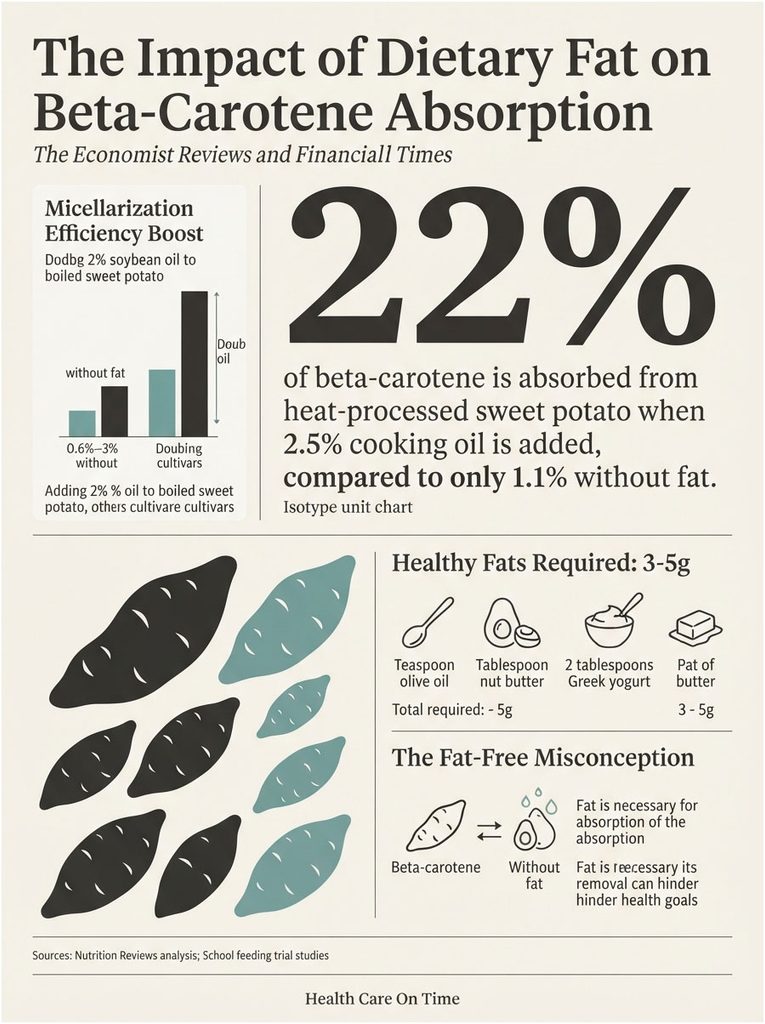 Infographic showing beta-carotene absorption from sweet potatoes with and without dietary fat, including statistics and healthy fats.