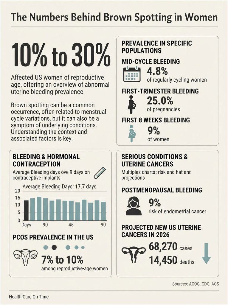 Infographic showing statistics on brown spotting in women, including prevalence rates and health risks.