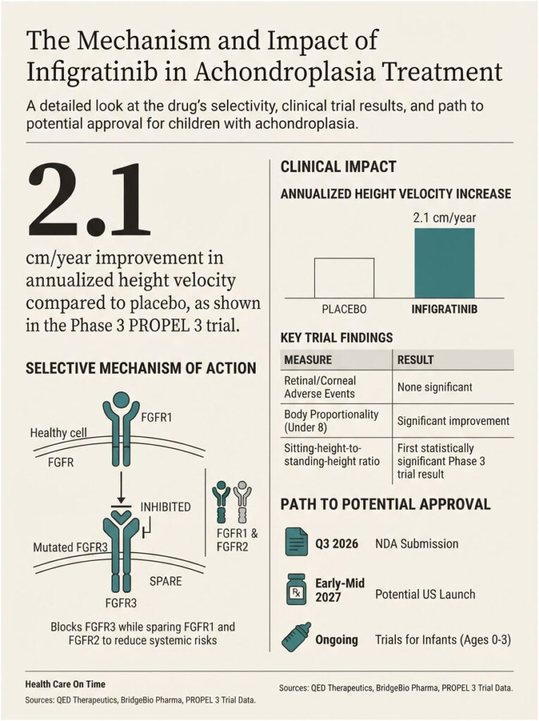 Infographic detailing Infigratinib's impact on achondroplasia treatment with trial results and mechanisms of action.