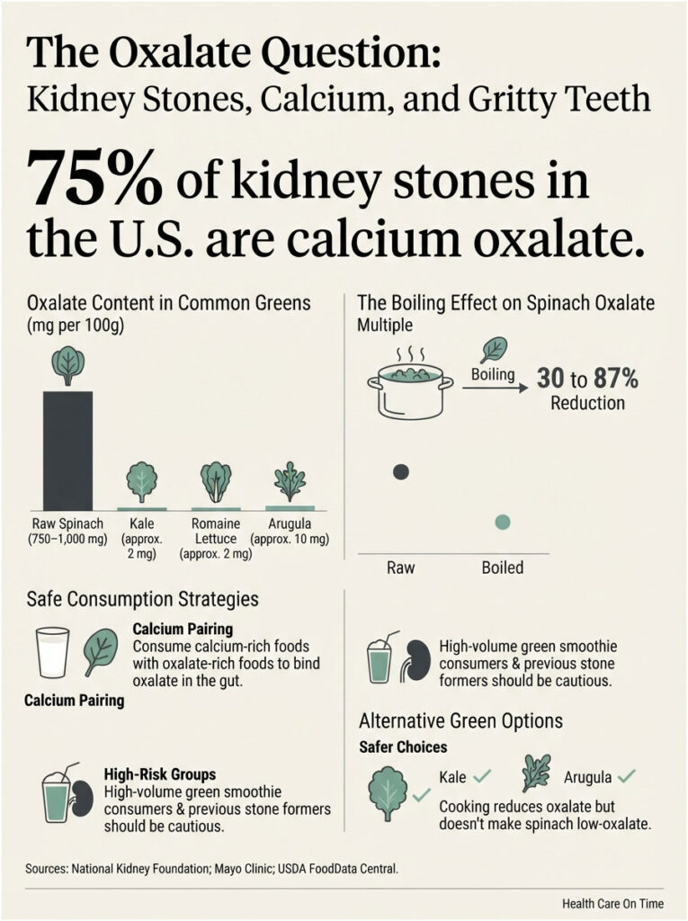 Infographic showing oxalate content in greens, boiling effects, and safe consumption strategies for kidney stones.