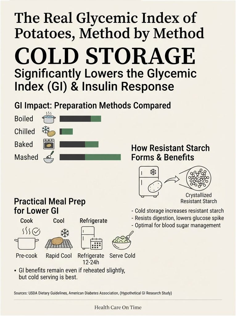 Infographic comparing glycemic index of potatoes by cooking methods: boiled, chilled, baked, mashed, and benefits of cold storage.
