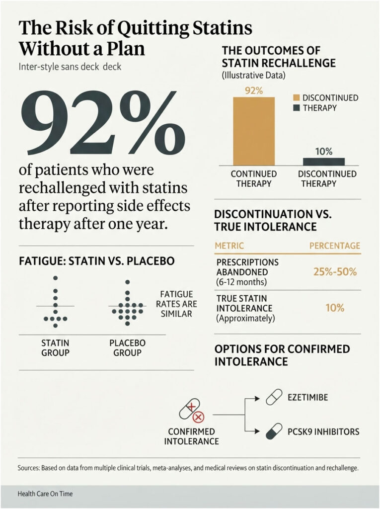 Infographic showing statin therapy outcomes, including 92% continued therapy and fatigue comparison between groups.