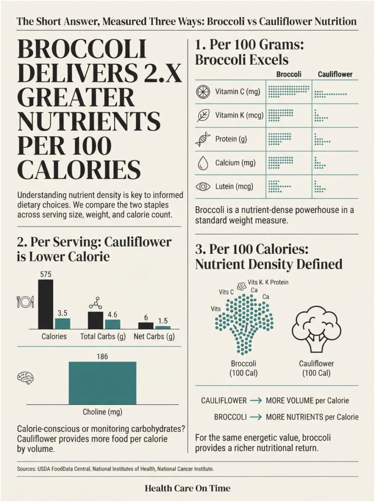 Infographic comparing nutrient density of broccoli and cauliflower, highlighting vitamins, calories, and serving sizes.