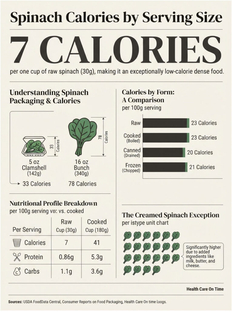 Infographic showing spinach calories per serving size, nutritional breakdown, and comparison of forms.