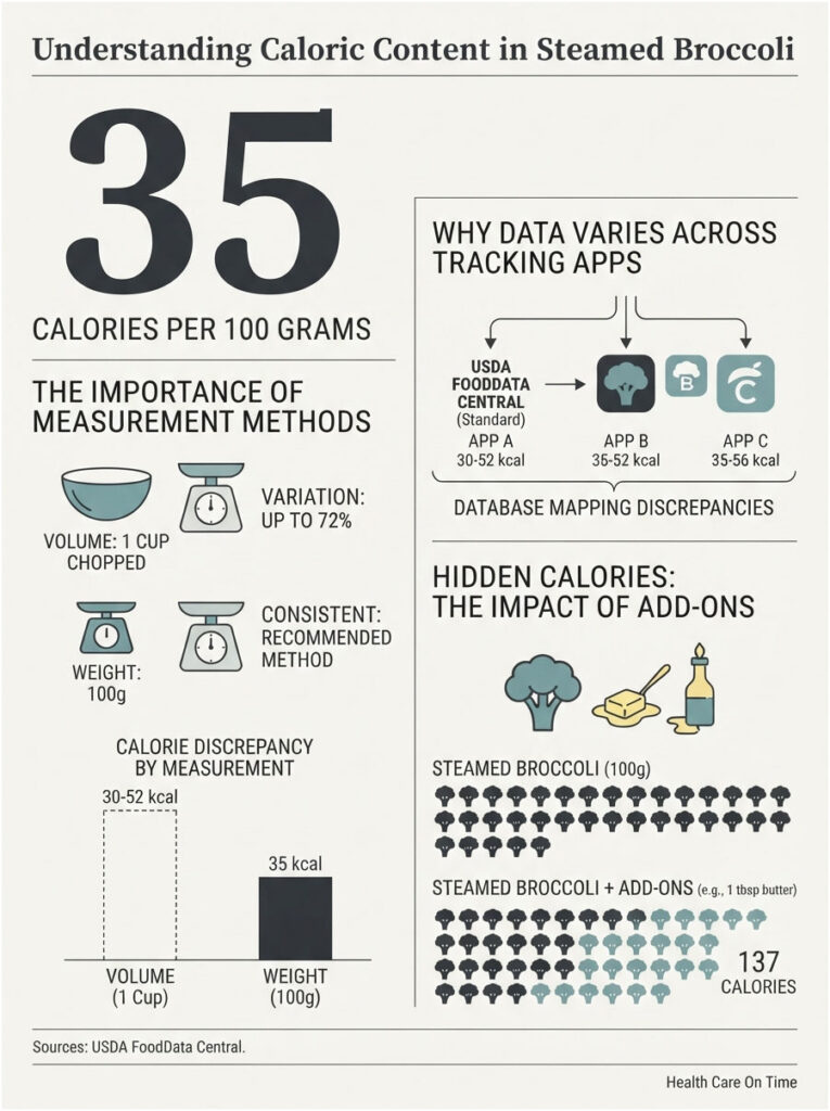 Infographic showing caloric content of steamed broccoli, measurement methods, and calorie discrepancies across apps.