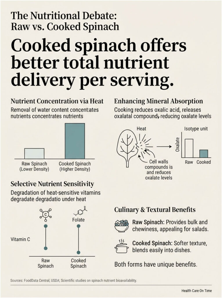 Infographic comparing nutrient delivery of raw vs cooked spinach with charts and benefits highlighted.