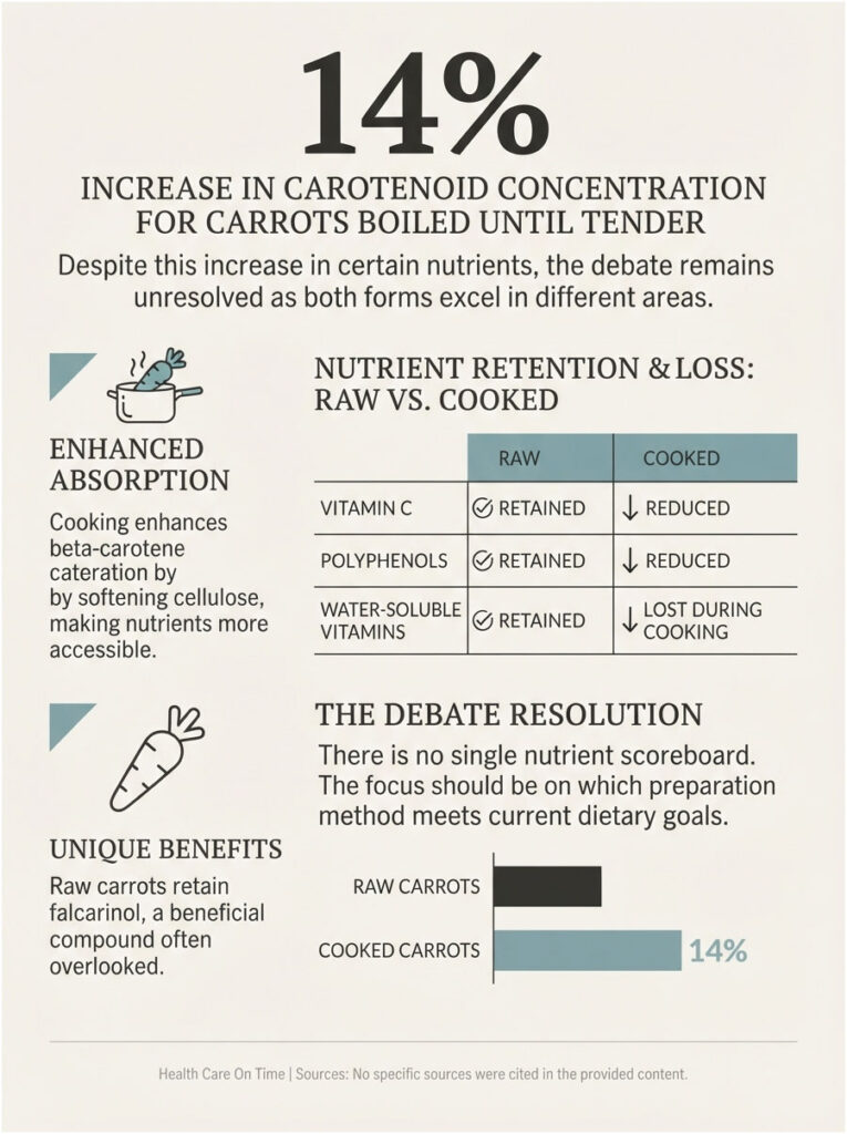 Infographic showing nutrient retention comparison for raw and cooked carrots, highlighting a 14% increase in carotenoids.