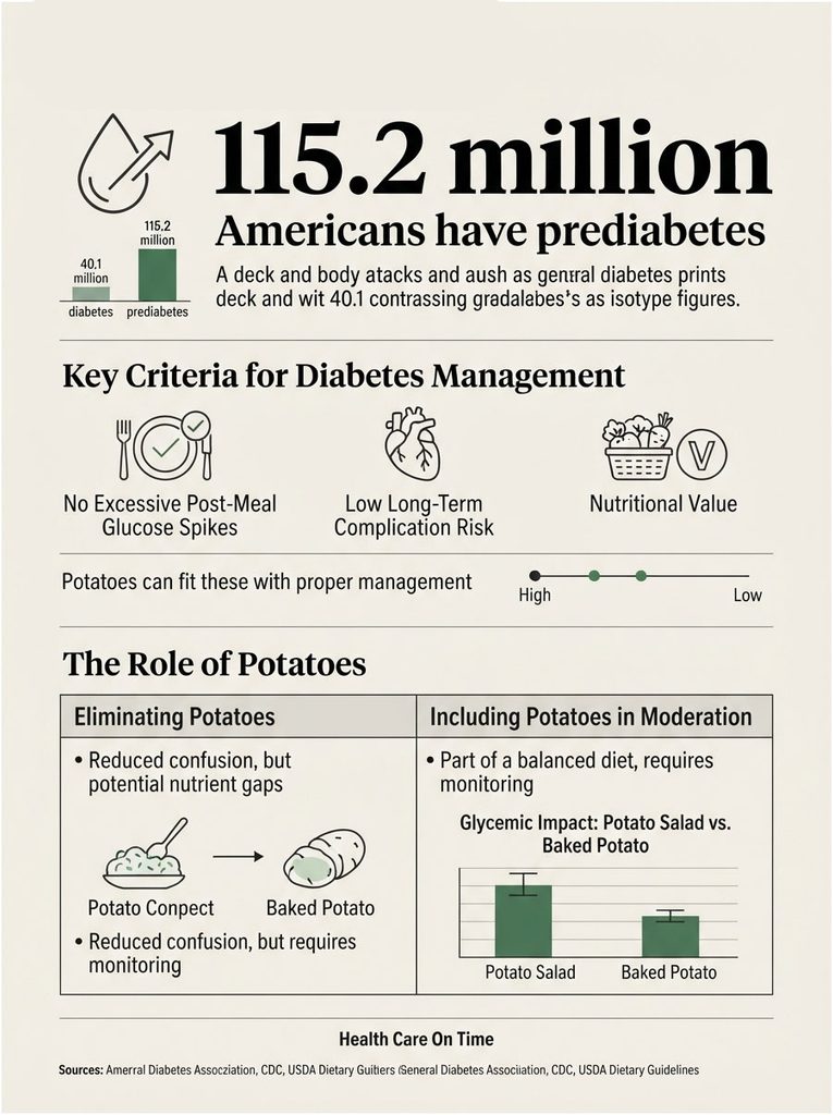 Infographic showing diabetes statistics, management criteria, and the role of potatoes in diet with charts and icons.