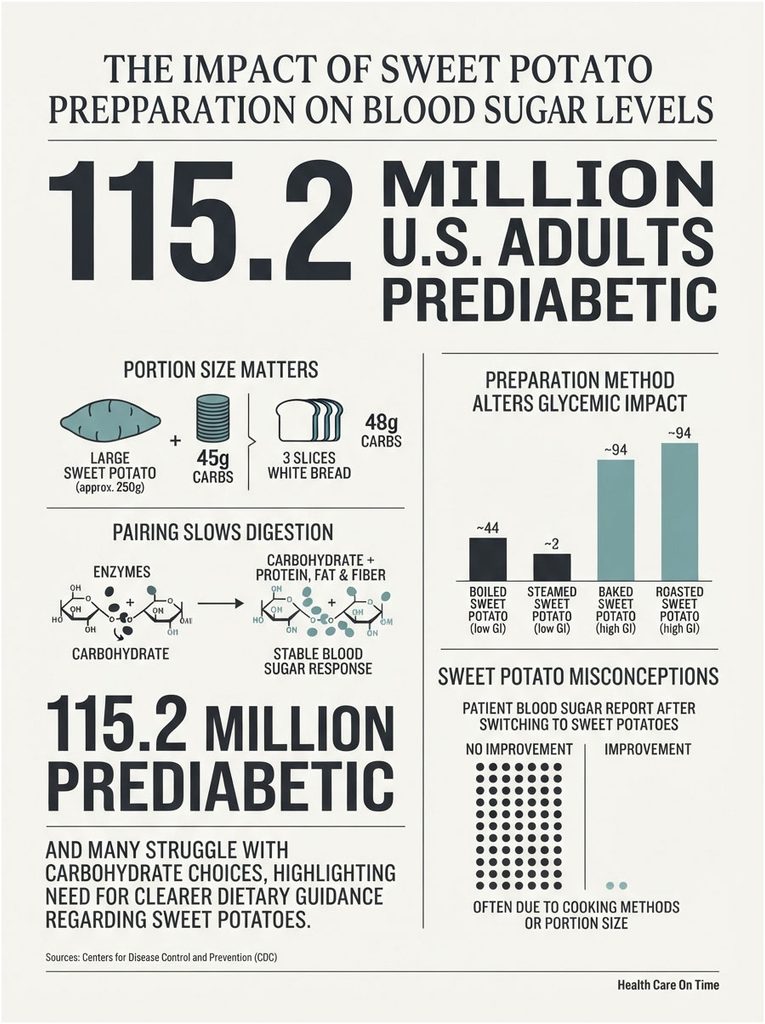 Infographic showing the impact of sweet potato preparation on blood sugar levels, with charts and statistics on glycemic impact.