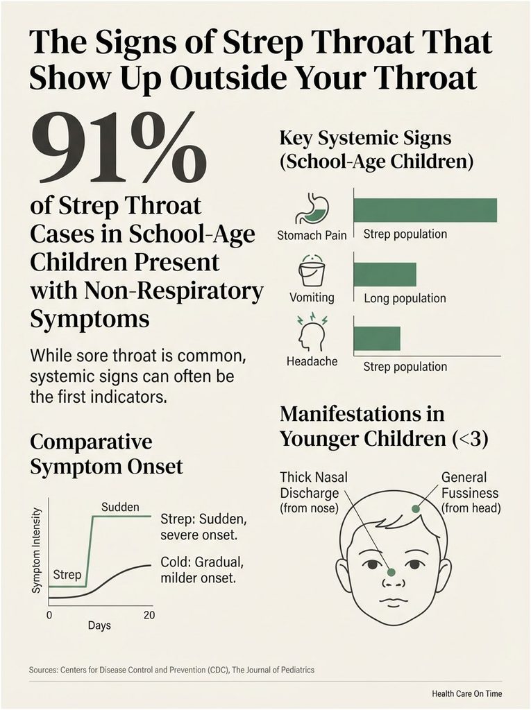 Infographic showing signs of strep throat in children, including statistics and symptom comparisons.