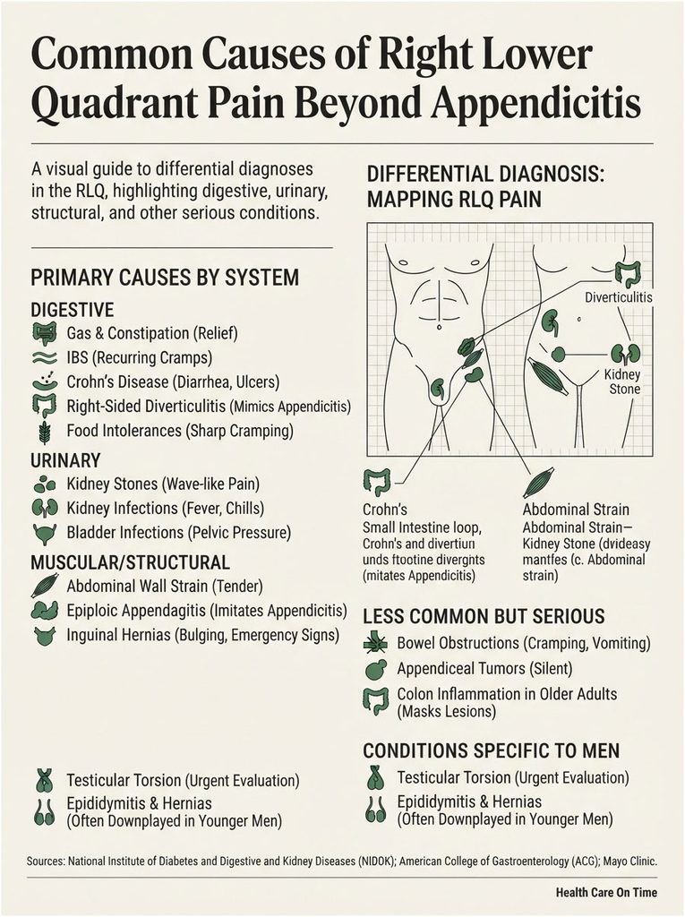 Infographic detailing common causes of right lower quadrant pain, including digestive, urinary, and structural issues.