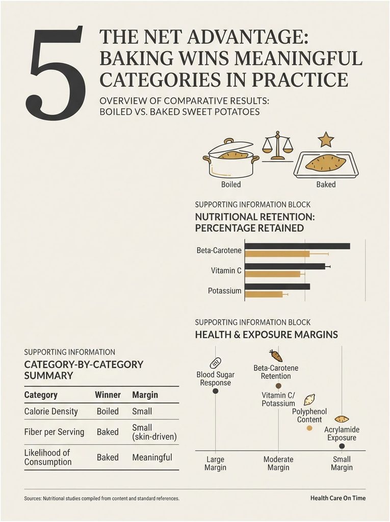 Infographic comparing boiled and baked sweet potatoes' nutritional retention and health margins.