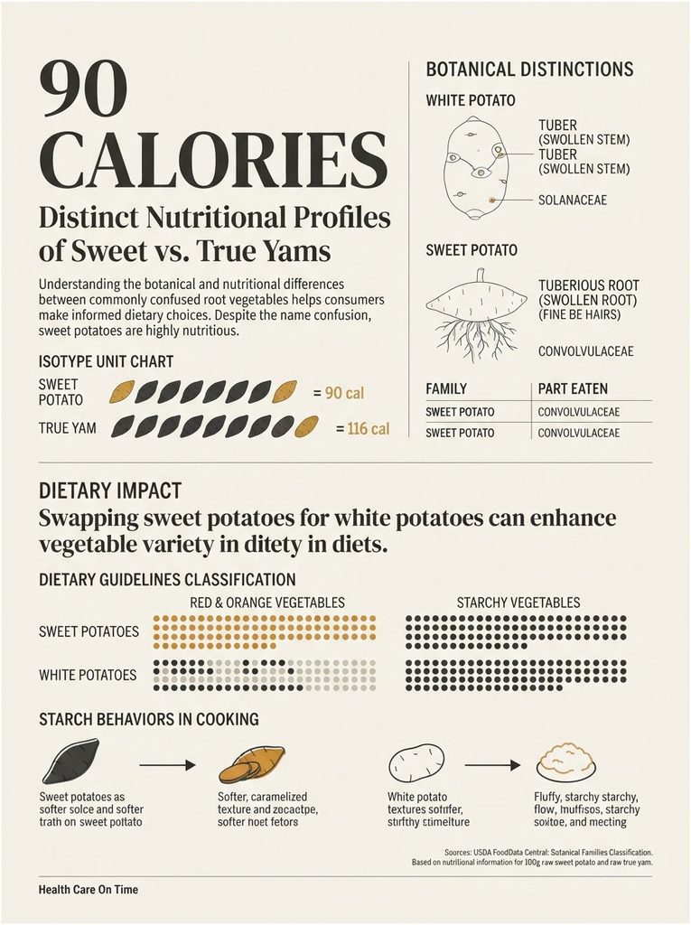 Infographic comparing nutritional profiles of sweet potatoes and true yams, including calorie counts and cooking behaviors.