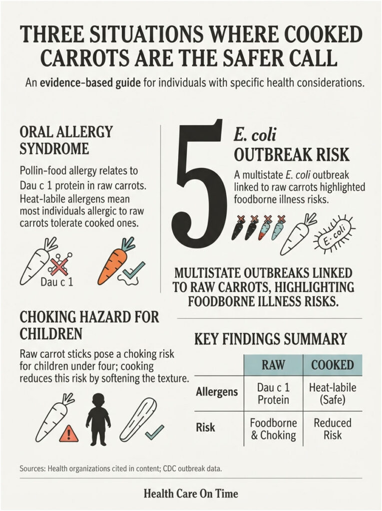 Infographic showing risks of raw carrots, including oral allergy syndrome and E. coli outbreak risk, with icons and charts.