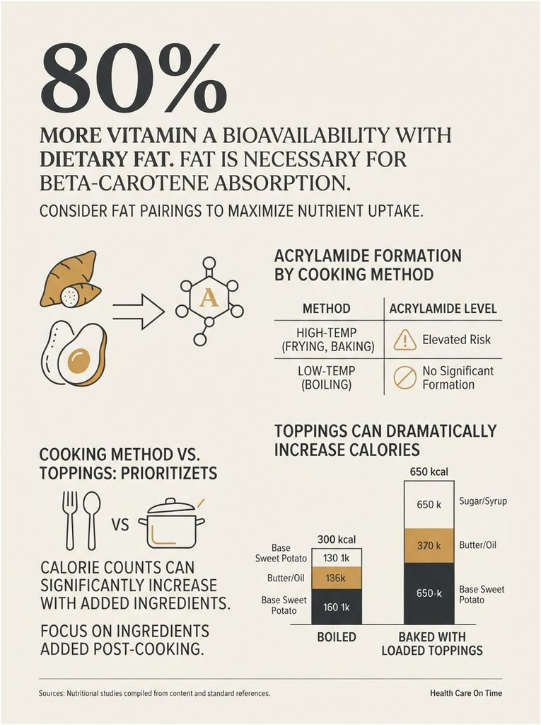 Infographic showing vitamin A absorption, cooking methods, and calorie impact of toppings on sweet potatoes.