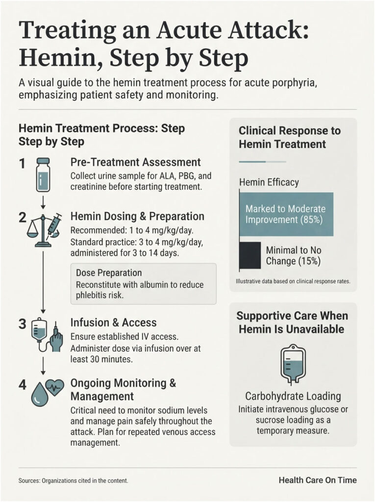 Infographic detailing hemin treatment steps for acute porphyria, including dosing, monitoring, and patient safety.
