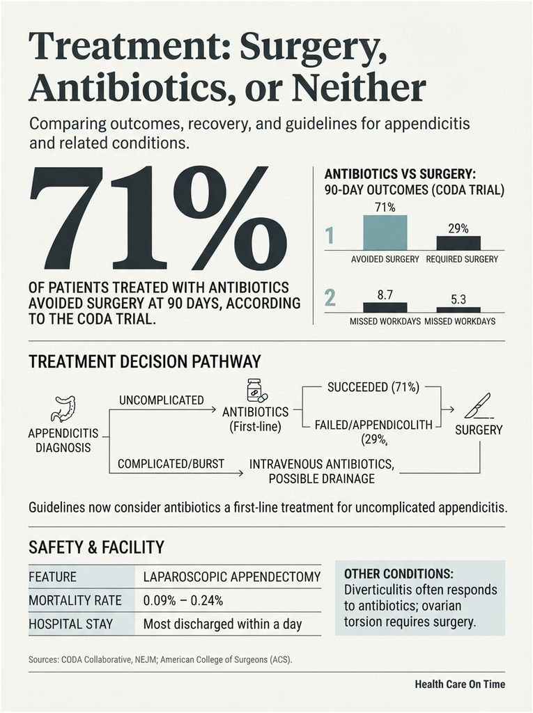 Infographic comparing treatment outcomes for appendicitis, showing 71% avoided surgery with antibiotics.