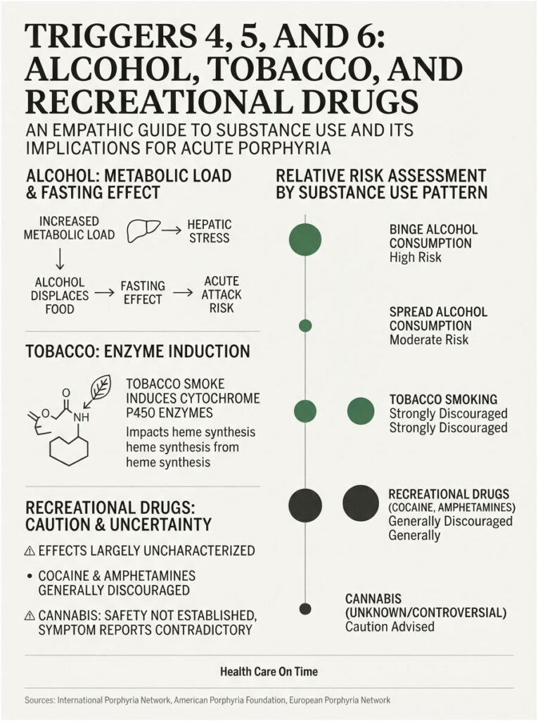 Infographic detailing triggers for acute porphyria related to alcohol, tobacco, and recreational drugs with risk assessments.