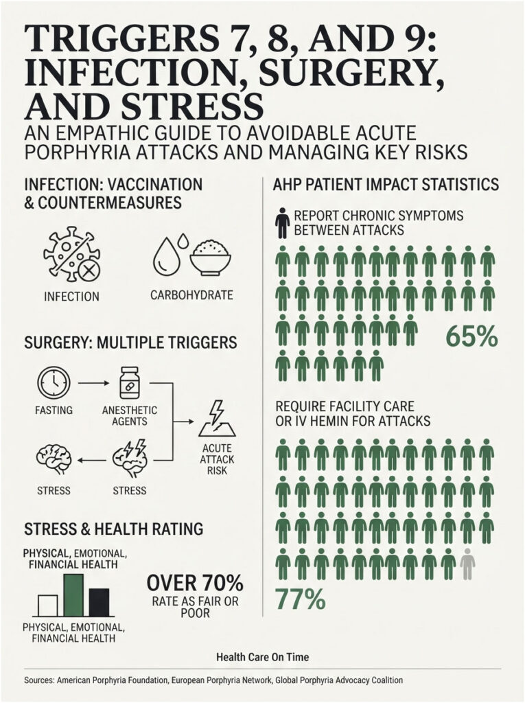 Infographic showing triggers for porphyria attacks: infection, surgery, stress, and patient statistics on symptoms and health ratings.