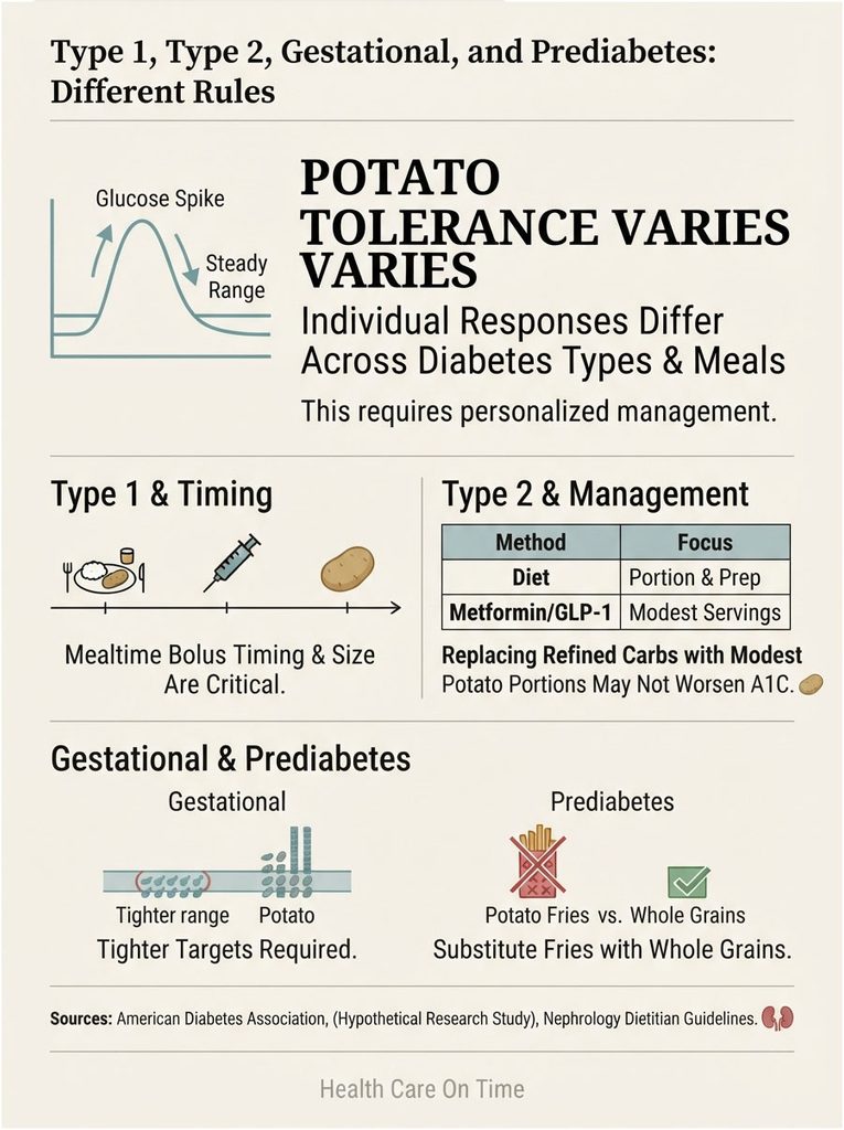 Infographic showing potato tolerance variations for diabetes types with charts and management tips for each type.